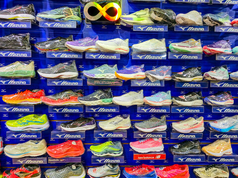 New Taipei City, Taiwan &ndash; August 30, 2025: Latest Mizuno sports shoes displayed for sale inside sporting goods store
