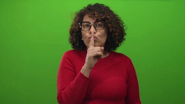 Hispanic middle age woman in red sweater finger to lips for silence in studio set with bright green background; secrecy.