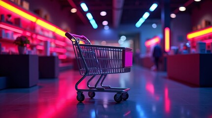 Shopping cart in neon lit store with pink and blue lights retail neon lights