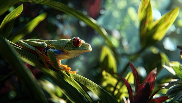 Close-up of a vibrant red-eyed tree frog perched on lush foliage