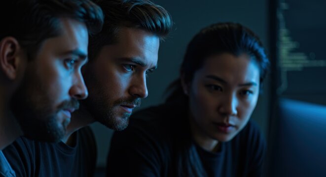 Focused Team of Diverse Software Developers Collaborating on a Project at Night
