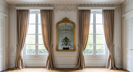 Elegant Interior - Windows, Curtains, and Decorative Mirror.