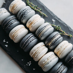 Elegant black and white macarons on slate board with herbs and sea salt &ndash; stylish dessert for New Year 2026 celebrations