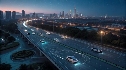 aerial view of autonomous vehicles on a city highway