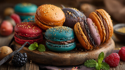 tempting variety of colorful French macarons arranged on a rustic wooden board with fresh berries, vanilla beans, and mint leaves