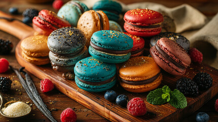 colorful French macarons arranged on a rustic wooden board with fresh berries, vanilla beans, and mint leaves