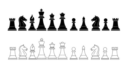 Collection of classic chess pieces displayed against a white background showcasing both silhouette and outline variations for tactical board game enthusiasts