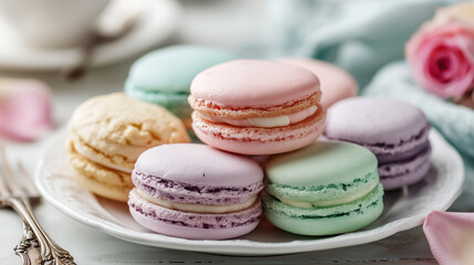 delicate and beautiful assortment of macarons in soft pastel colors, artfully arranged on a white plate. The scene, complete with a teacup, rose petals, and a linen cloth