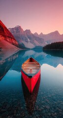 Red canoe on serene lake, majestic mountains