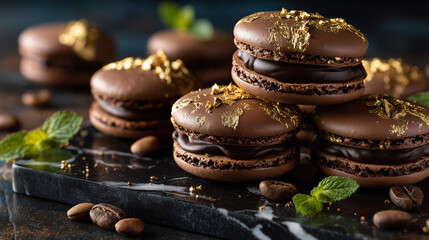 A dramatic close-up of a stack of rich chocolate macarons, each adorned with a delicate gold leaf. Set on a dark marble surface with coffee beans and mint leaves