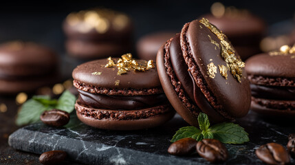 Decadent dark chocolate macarons topped with delicate gold leaf flakes, resting on a sophisticated marble surface. complemented by scattered coffee beans and mint leaves