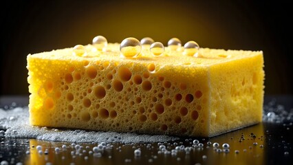 Yellow Sponge with Water Droplets on a Dark Reflective Surface