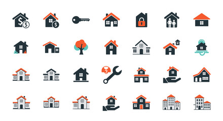 Fototapeta premium Collection of real estate and property icons for home buying selling and management services
