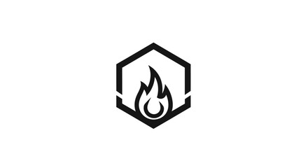 Black and white flame icon within a hexagon shape.