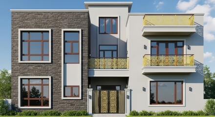 Fototapeta premium Modern two story residential house design with stone and stucco facade