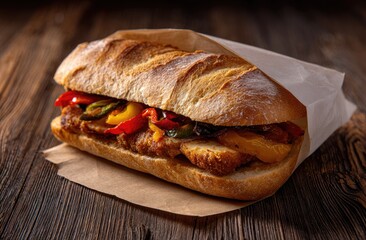 Hearty sub sandwich on rustic wooden table