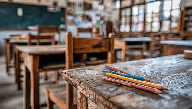 Aged wooden school desks and chairs, pencils on a weathered table