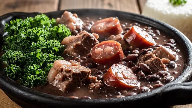 Traditional Brazilian Feijoada Black Bean Stew with Sausage and Kale in Clay Pot   Feijoada Brasileira Tradicional com Lingui&ccedil;a e Couve em Panela de Barro