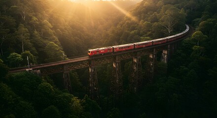 Fototapeta premium Scenic view of a red train crossing a historic bridge amidst lush green forests at sunset