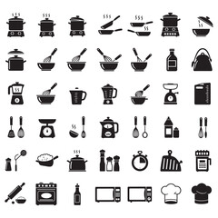 Kitchen Utensils and Cooking Equipment Black Silhouette Icons Vector Illustration Comprehensive Set for Culinary Design and Menu Creation Featuring Pots Pans and Various Accessories