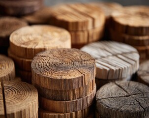 Close-up of stacked wooden discs