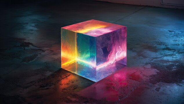 Multicolored translucent cube on a dark floor - Powered by Adobe