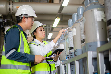 Engineers Inspecting Safety Equipment in Industrial Facility with Gas Cylinders and Protective Gear