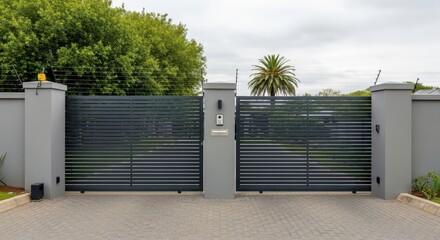 Modern dark gray horizontal slat driveway gate with security electric fencing
