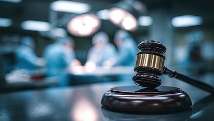 Gavel on a table in a blurred medical setting