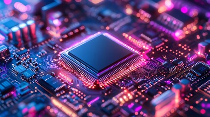 Obraz premium Close up of a computer chip on a circuit board illuminated with pink and blue lights showing details