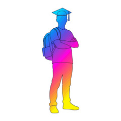 Confident graduate student with backpack and graduation cap stands proudly with arms crossed, ready for future success.