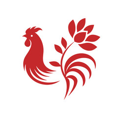 Red rooster silhouette with stylized floral elements on white background bird fowl