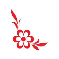 Red stylized floral corner accent with leaves on white background flower