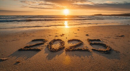 Sunset beach scene, sand-drawn 2025