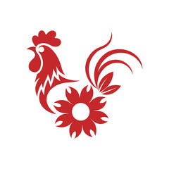 Red stylized rooster with flower and abstract tail feathers on white background bird poultry