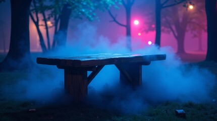 Wooden picnic table in mystical blue fog and pink lights rustic mist