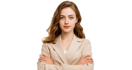 beautiful young woman with an open mouth and raised hands, celebrating success, isolated on a transparent png background