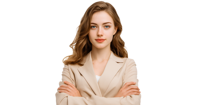 beautiful young woman with an open mouth and raised hands, celebrating success, isolated on a transparent png background