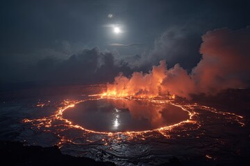 Fototapeta premium Volcanic crater lake ablaze at night. Molten lava surrounds a dark lake, illuminated by fiery orange glow. Full moon above clouds