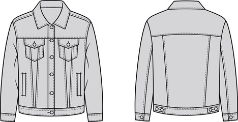Denim jacket vector illustration, front and back views, casual men’s outerwear design, classic jean jacket template, fashion apparel, detailed garment drawing