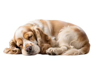 A beautiful, sleeping Cocker Spaniel dog curled up peacefully on a white background, resting.