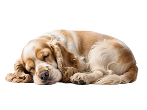 A beautiful, sleeping Cocker Spaniel dog curled up peacefully on a white background, resting.