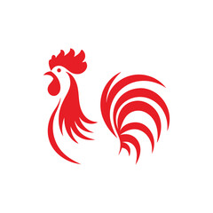 Stylized red rooster silhouette with curved tail feathers on white background chicken bird