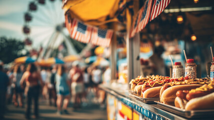 street food hot dog stand with festive decorations and crowd in background, perfect for american holiday, independence day, food festivals, and summer event promotions	
