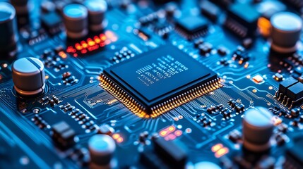 Close up shot of a computer motherboard with visible components and intricate circuit patterns design