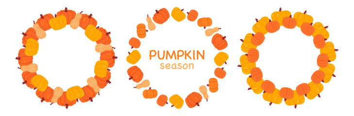Pumpkin circle frame. Round autumn border. Autumnal wreath. Flat Vector illustration isolated on white background