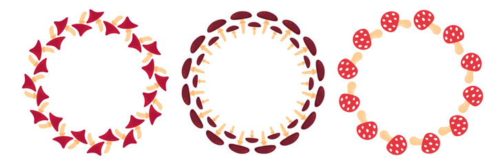 Mushroom circle frame. Round autumn border. Autumnal wreath with edible and poisonous mushrooms, chanterelles, porcini mushroom, fly agarics. Flat Vector illustration isolated on white background