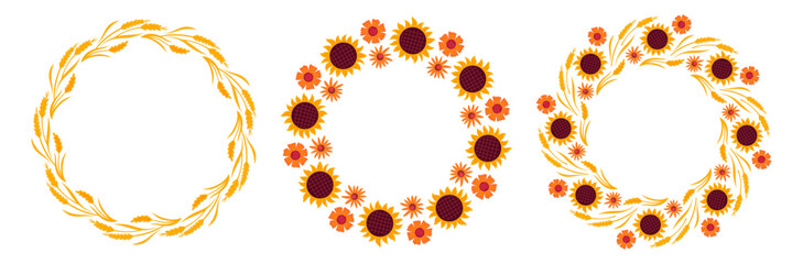 Wheat spikes and flowers circle frame. Round autumn border. Autumnal wreath. Flat Vector illustration isolated on white background