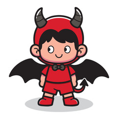 little red devil demon kid vector cartoon character. Kid in halloween costume.