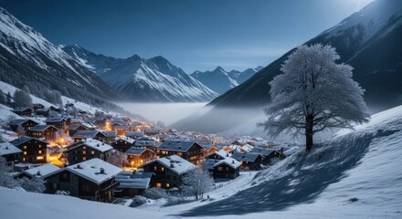 Snowy Mountain Village Under Night Sky with Illuminated Homes and Frosted Trees